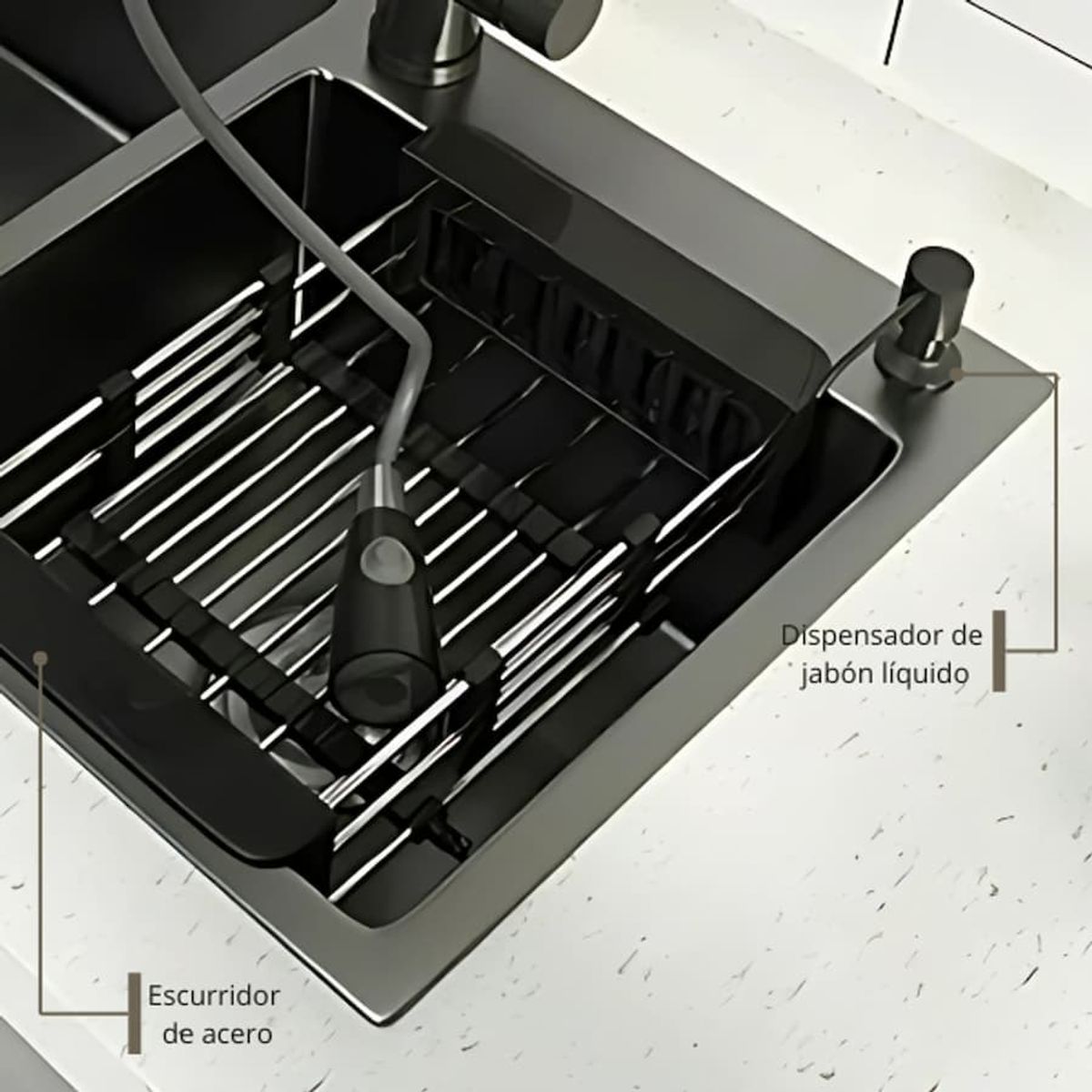 FRATELLI - Lavadero PRIME de Acero Inox NEGRO Doble Poza con Accesorios