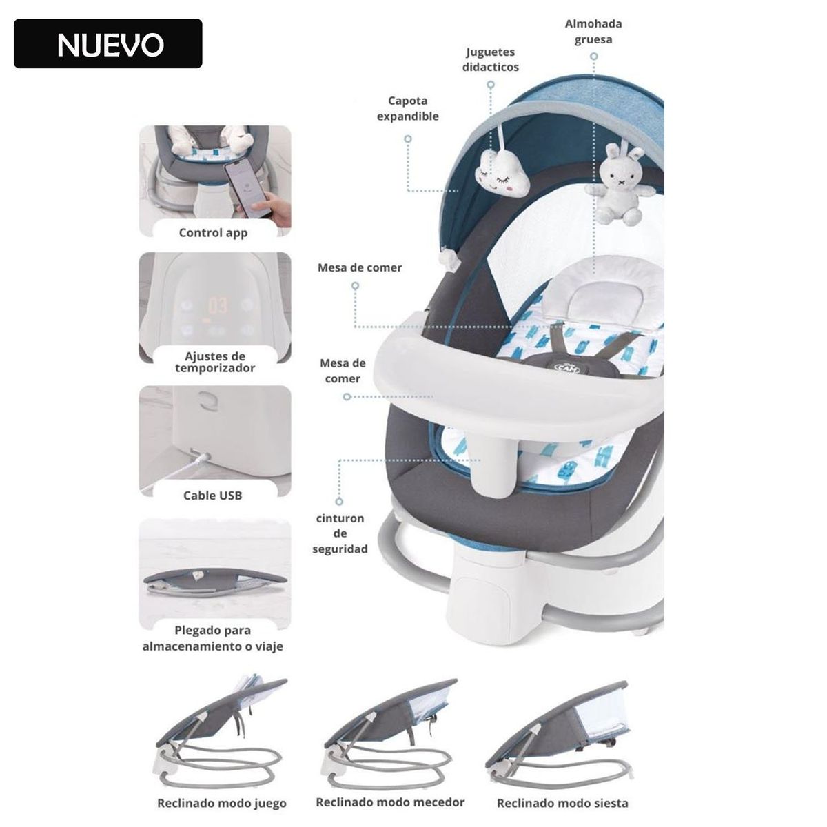 GENERICO - Silla Mecedora para Bebe 3 en 1 Azul
