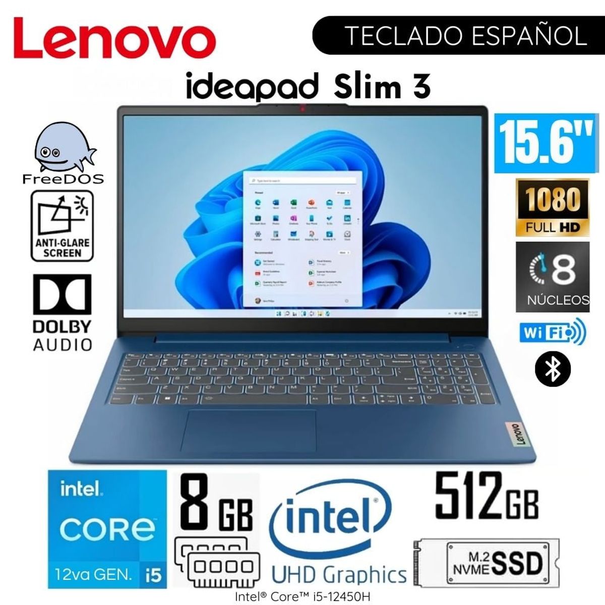 LENOVO - Laptop Lenovo Ideapad Slim 3 15IAH8 Intel Core i5-12450H 8GB RAM 512GB SSD 15.6" FHD - 83ER001CLM