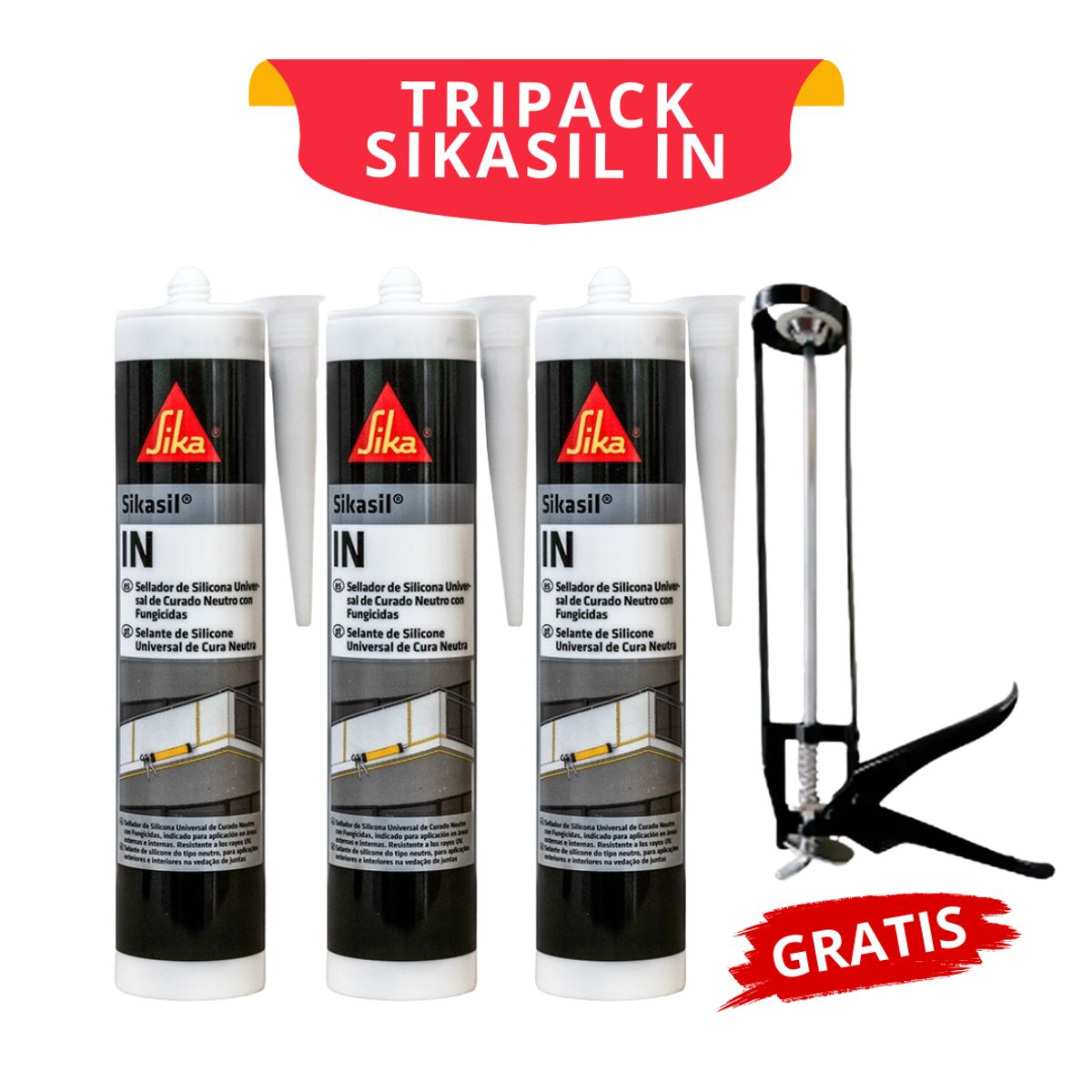 SIKA - 3 Silicona Neutra Antihongos Sikasil IN Transparente x 280ml + Pistola