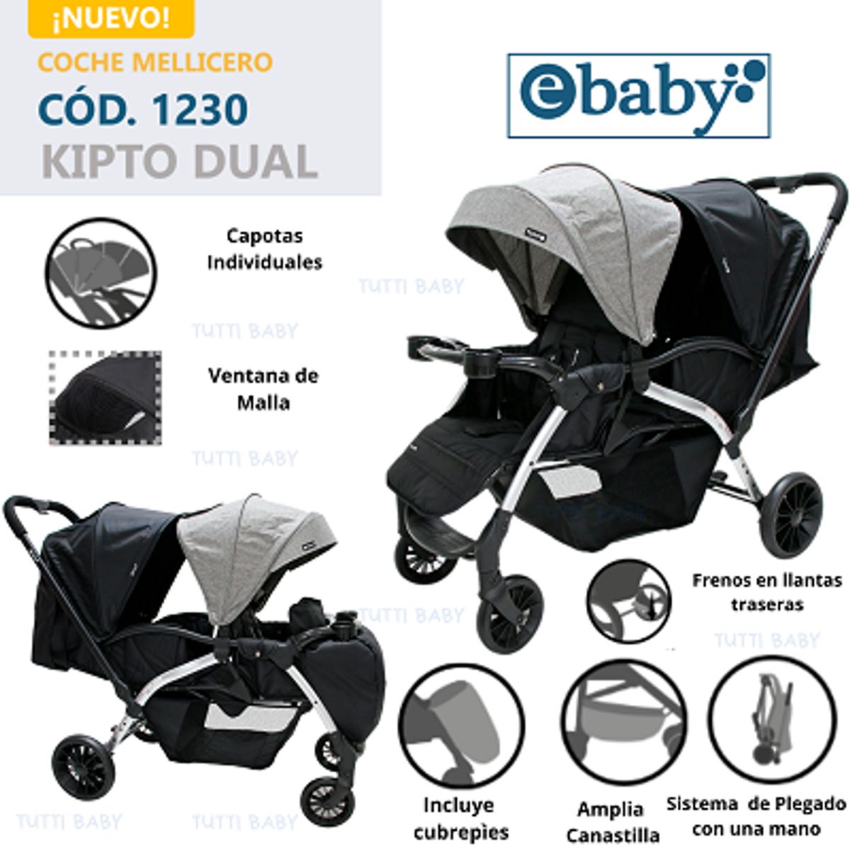 EBABY - COCHE MELLICERO KIPTO DUAL EBABY - GRIS