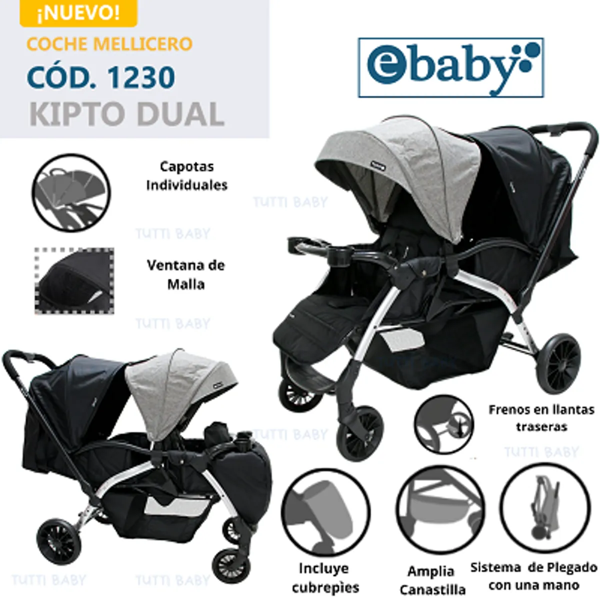EBABY - COCHE MELLICERO KIPTO DUAL EBABY - GRIS