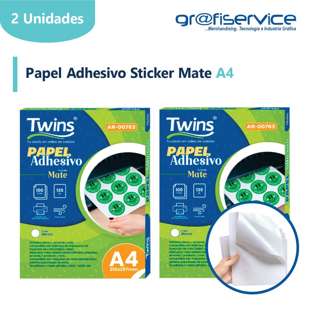 GENERICO - Pack x2 Papel Adhesivo Sticker Mate A4 Twins 100h 135g