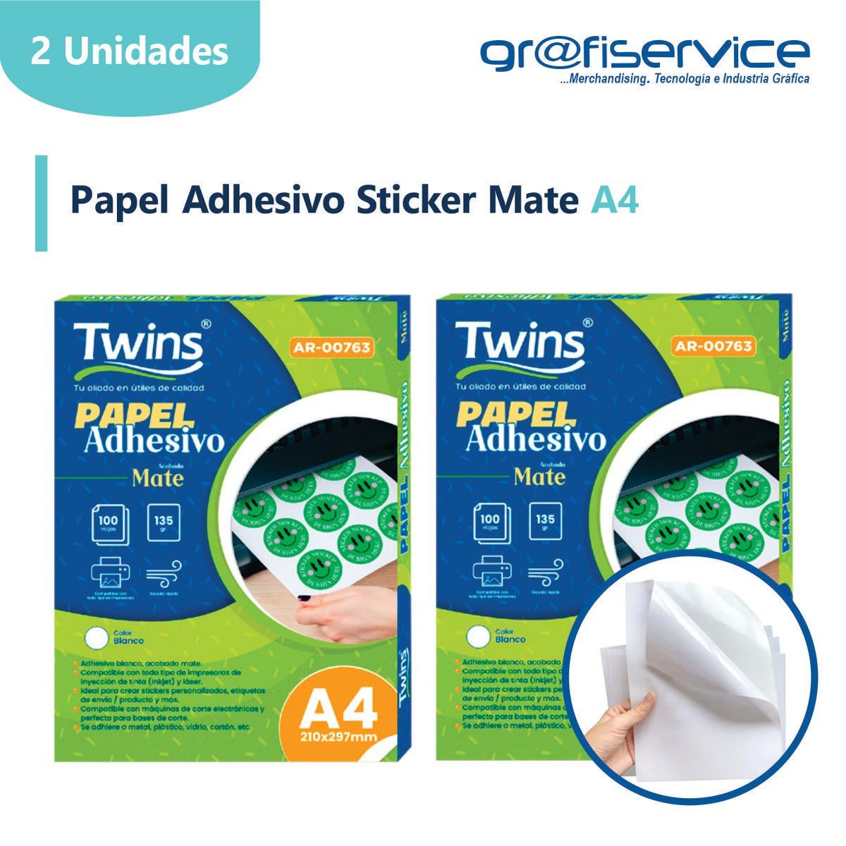 GENERICO - Pack x2 Papel Adhesivo Sticker Mate A4 Twins 100h 135g
