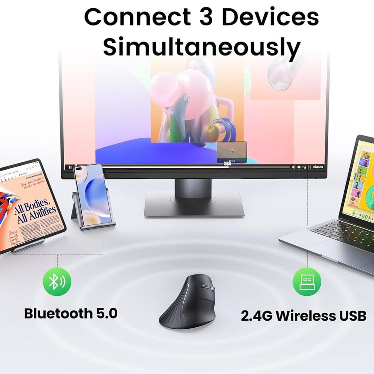 UGREEN - Mouse Vertical Inalambrico Ergonomico UGREEN 4000DPI USB 2.4GHz 10 Mts