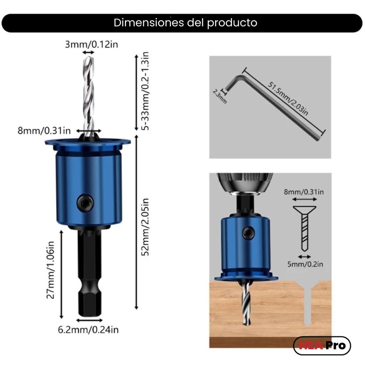 GENERICO - SET AVELLANADORA DE 8MM  TOPE - VAST. HEXAG 1/4" - BROCA 3MM