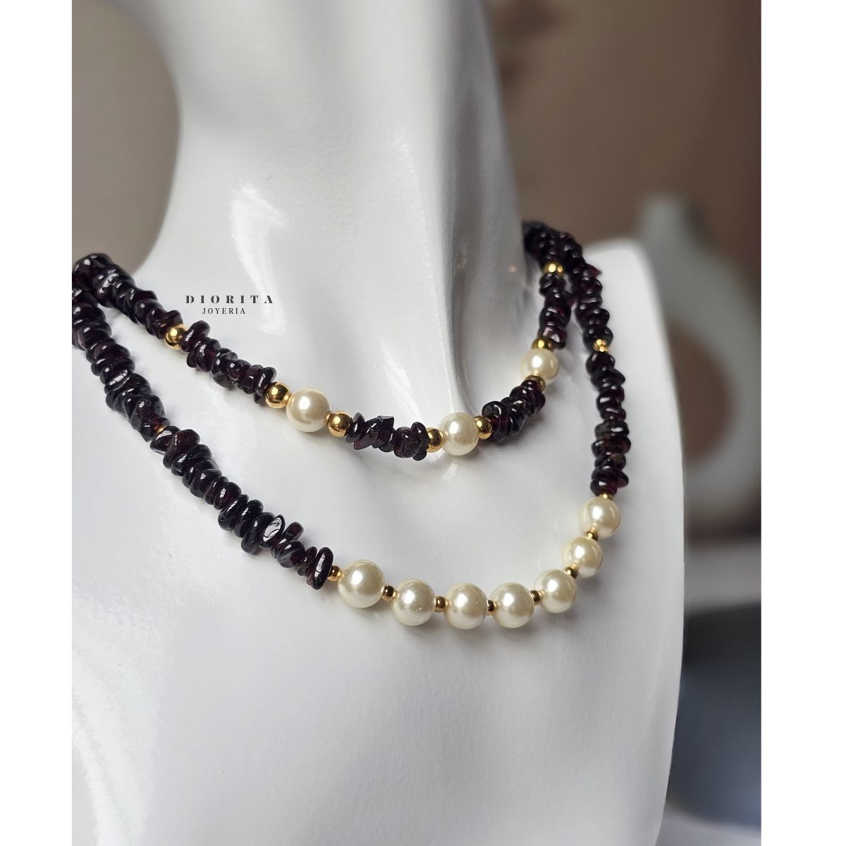 GENERICO - COLLAR DE PIEDRAS COLOR GRANATE Y PERLAS COLLAR MUJER