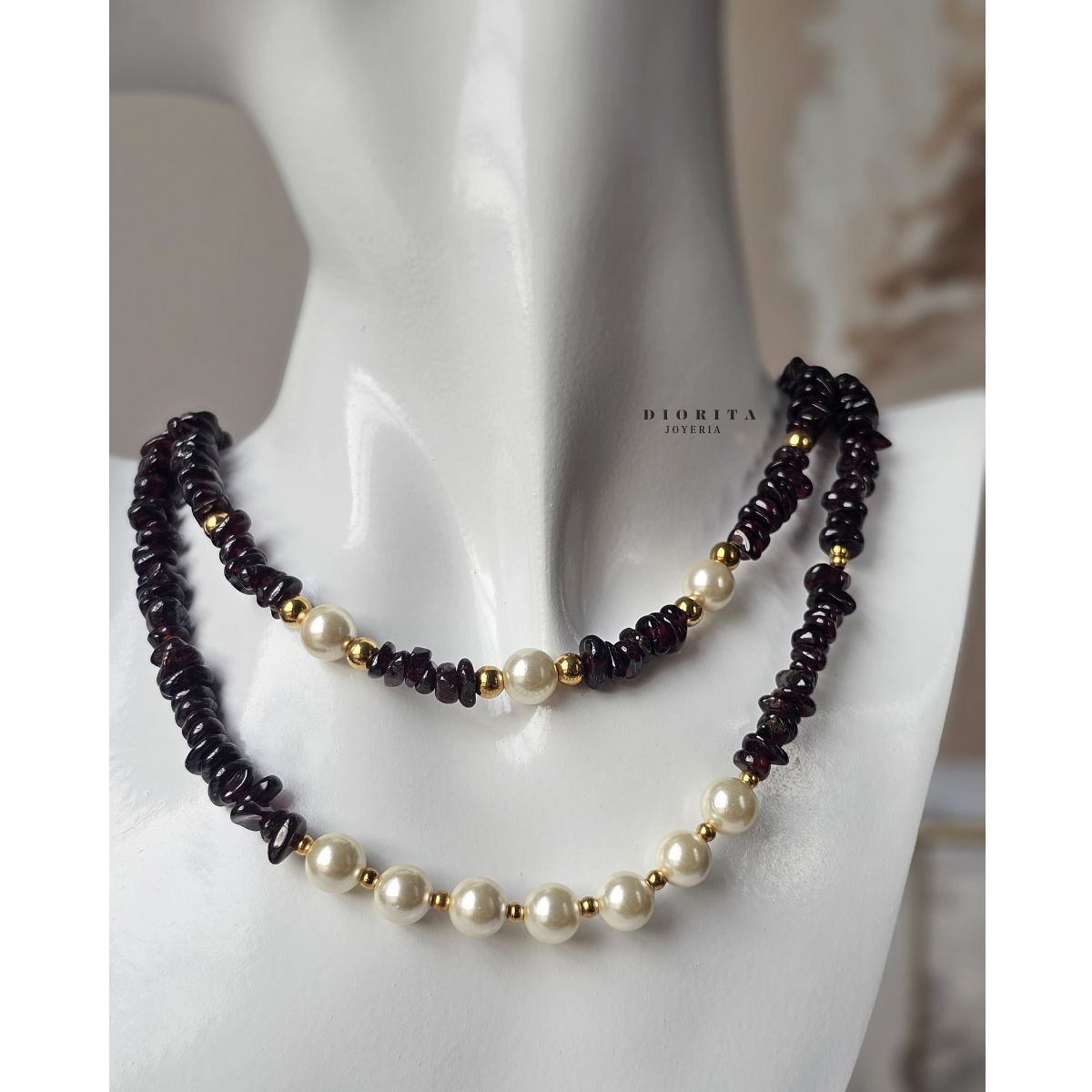 GENERICO - COLLAR DE PIEDRAS COLOR GRANATE Y PERLAS COLLAR MUJER