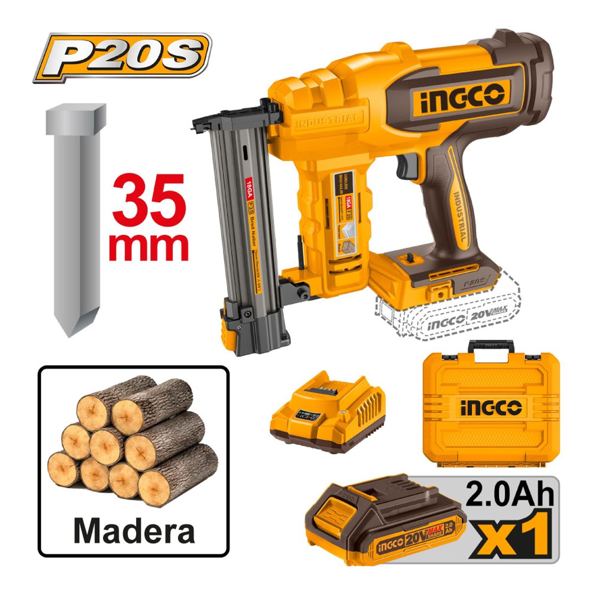 INGCO TOOLS - CLAVADORA INALÁMBRICA PARA MADERA INGCO 20V 15MM A 35MM CBNLI2008