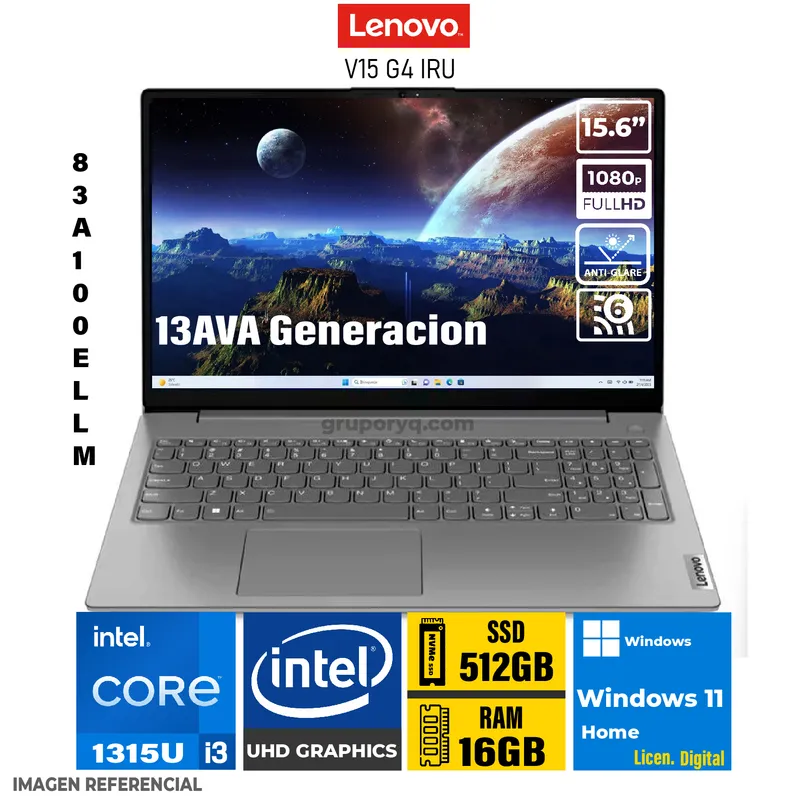 LENOVO - LAPTOP LENOVO V15 G4 IRU Intel Core i3-1315U Pantalla 156 FHD RAM 16GB SSD 512GB-83A100ELLM