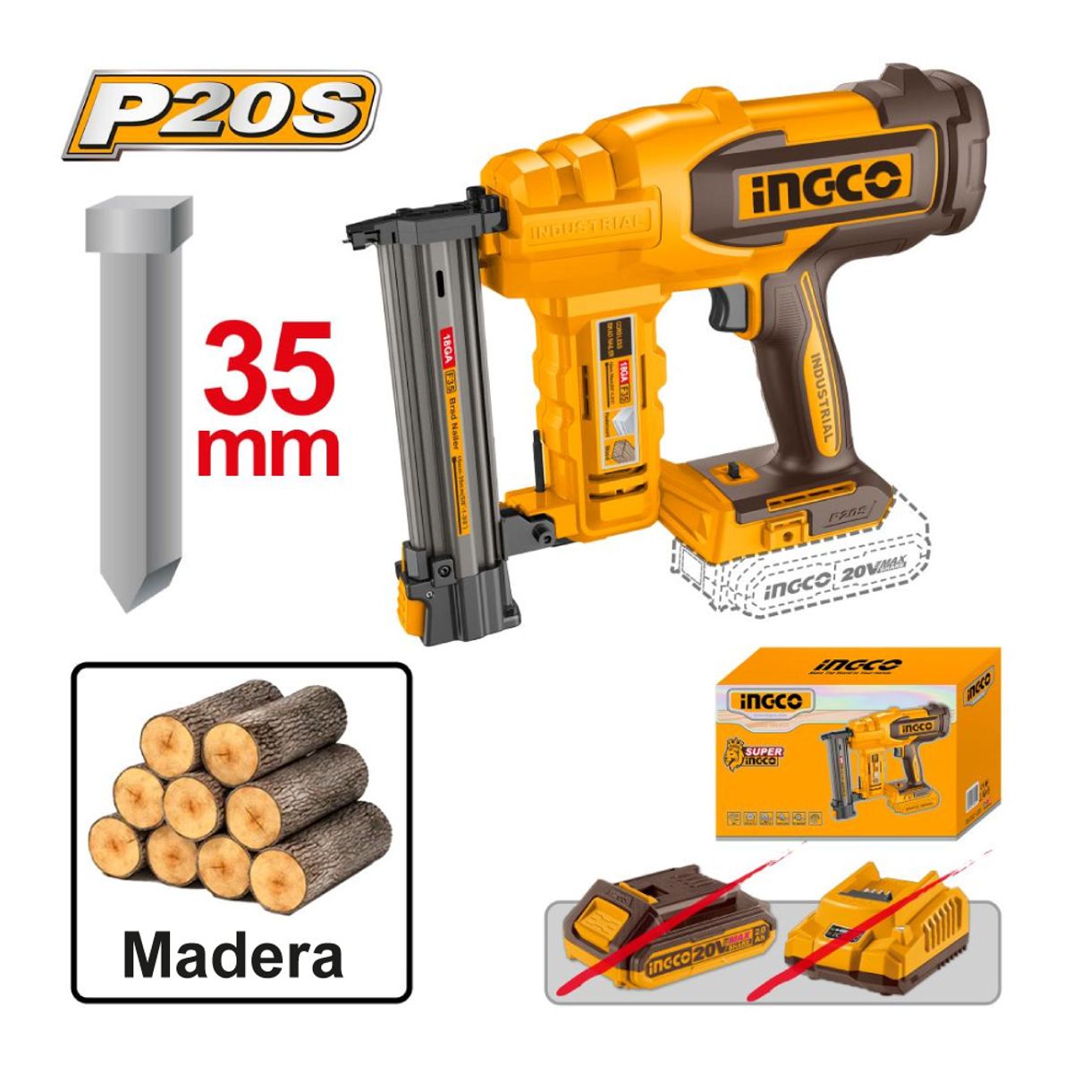 INGCO TOOLS - CLAVADORA INALÁMBRICA PARA MADERA INGCO 20V 15MM A 35MM CBNLI2005