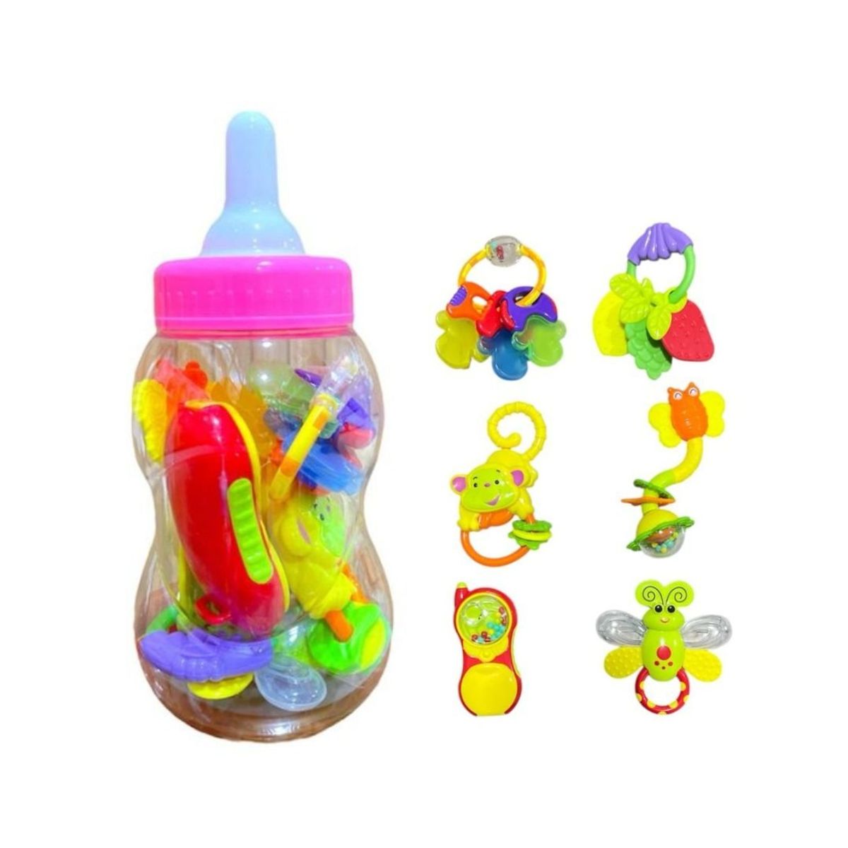 GENERICO - Set Para Bebés Biberón Rosa Con Mordedores Y Sonajeros