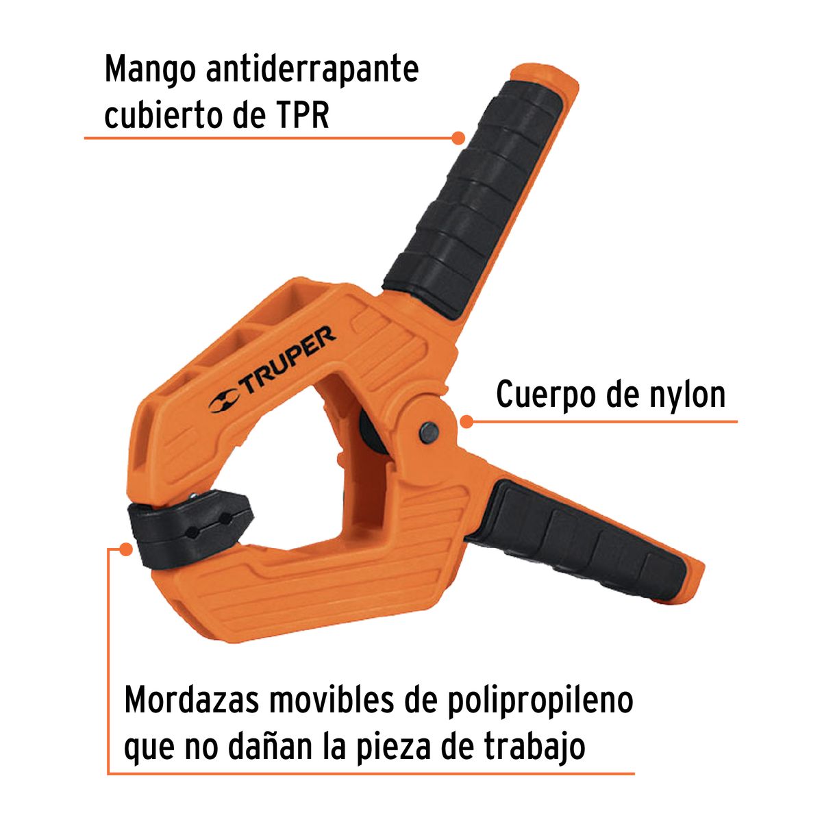 Truper - Prensa de resorte de 4 cuerpo de nylon con mango de TPR