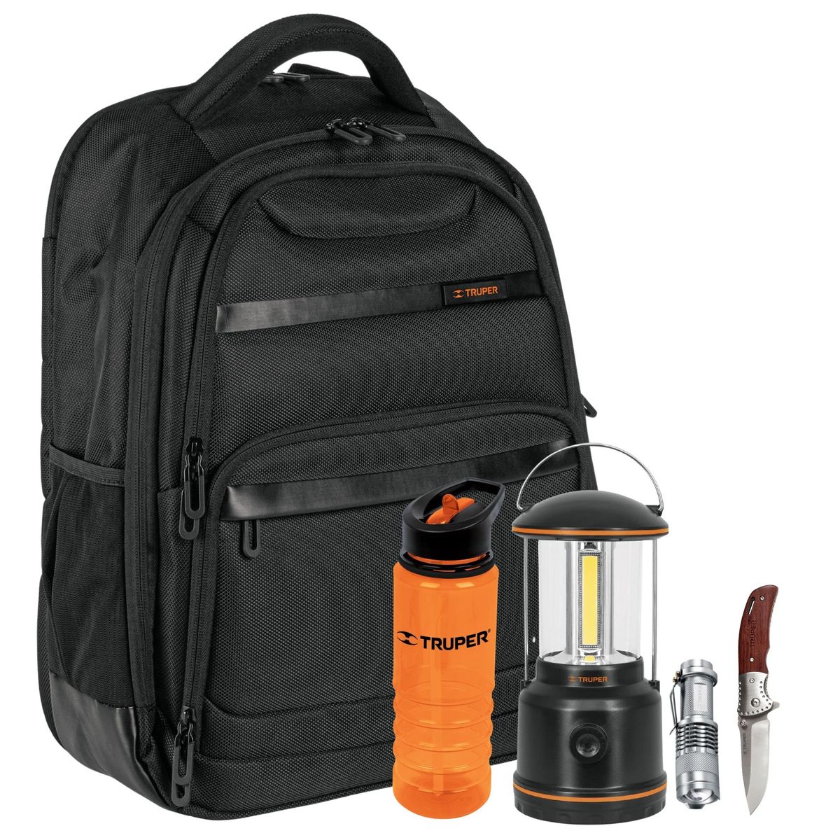 Truper - Kit camping Mochila tomatodo linterna  cuchilla plegable
