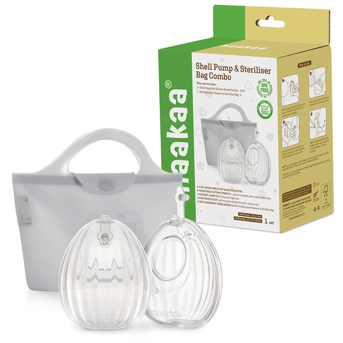 HAAKAA - Sacaleche manos libres shell pack x 2 unid 75ml + bolsa para esterilización multiuso
