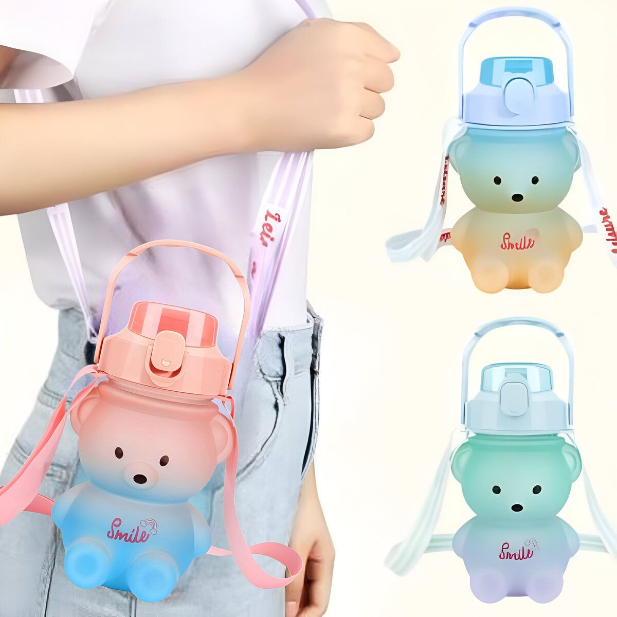 ELMEJORPRECIO - Tomatodo Portátil Diseño Oso 950ml Con Stickers Kawai Rosado