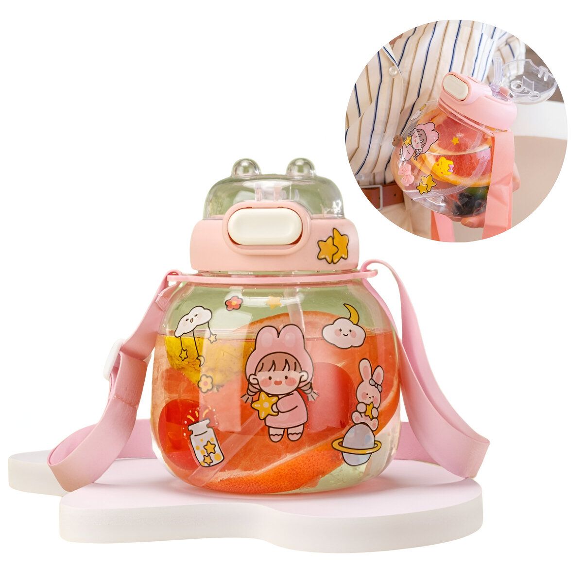 ELMEJORPRECIO - Tomatodo Portátil Estilo Kawaii de 1200 ml con Stickers Rosado