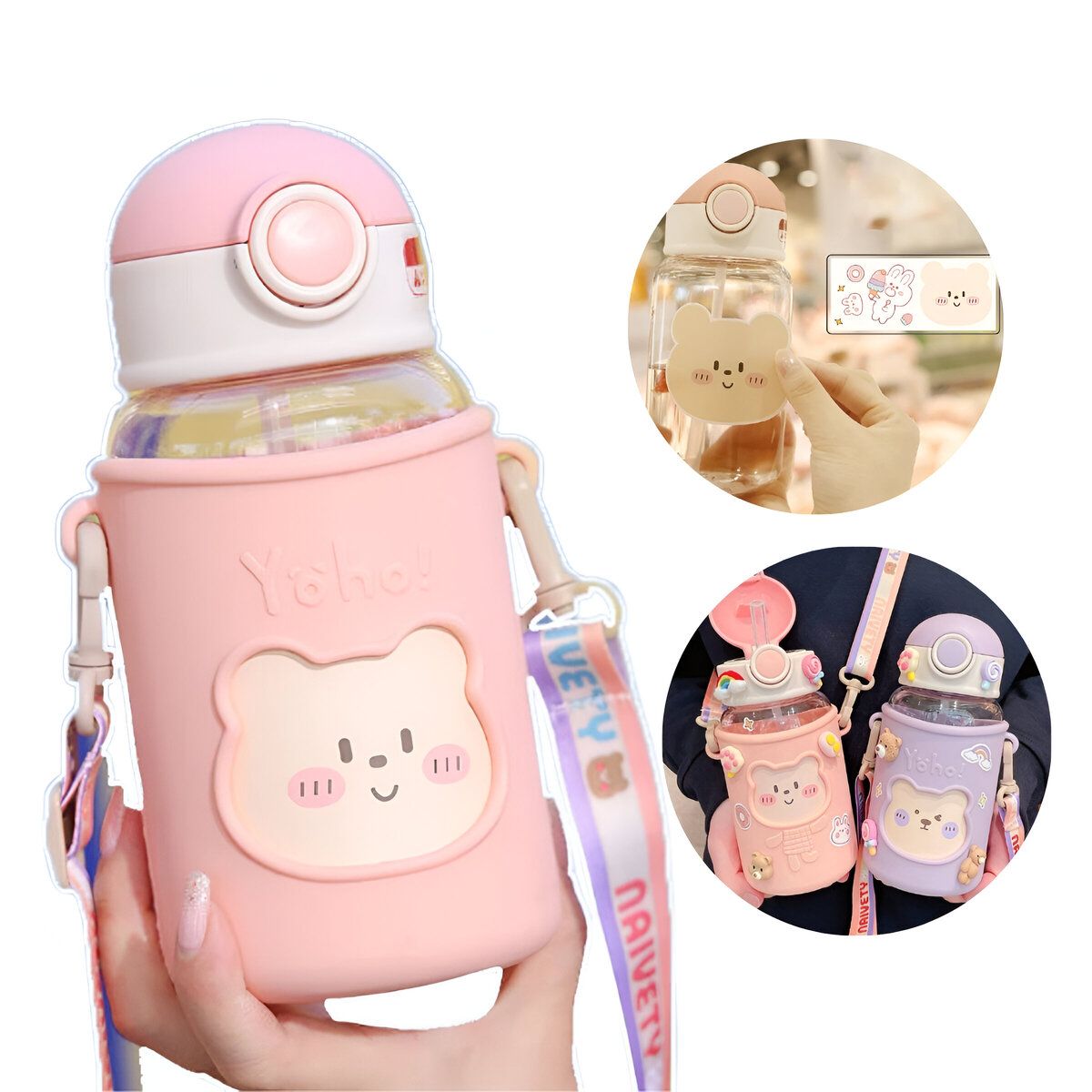 ELMEJORPRECIO - Tomatodo Baby Bear con colgador y stickers 3D de 650ml Rosa