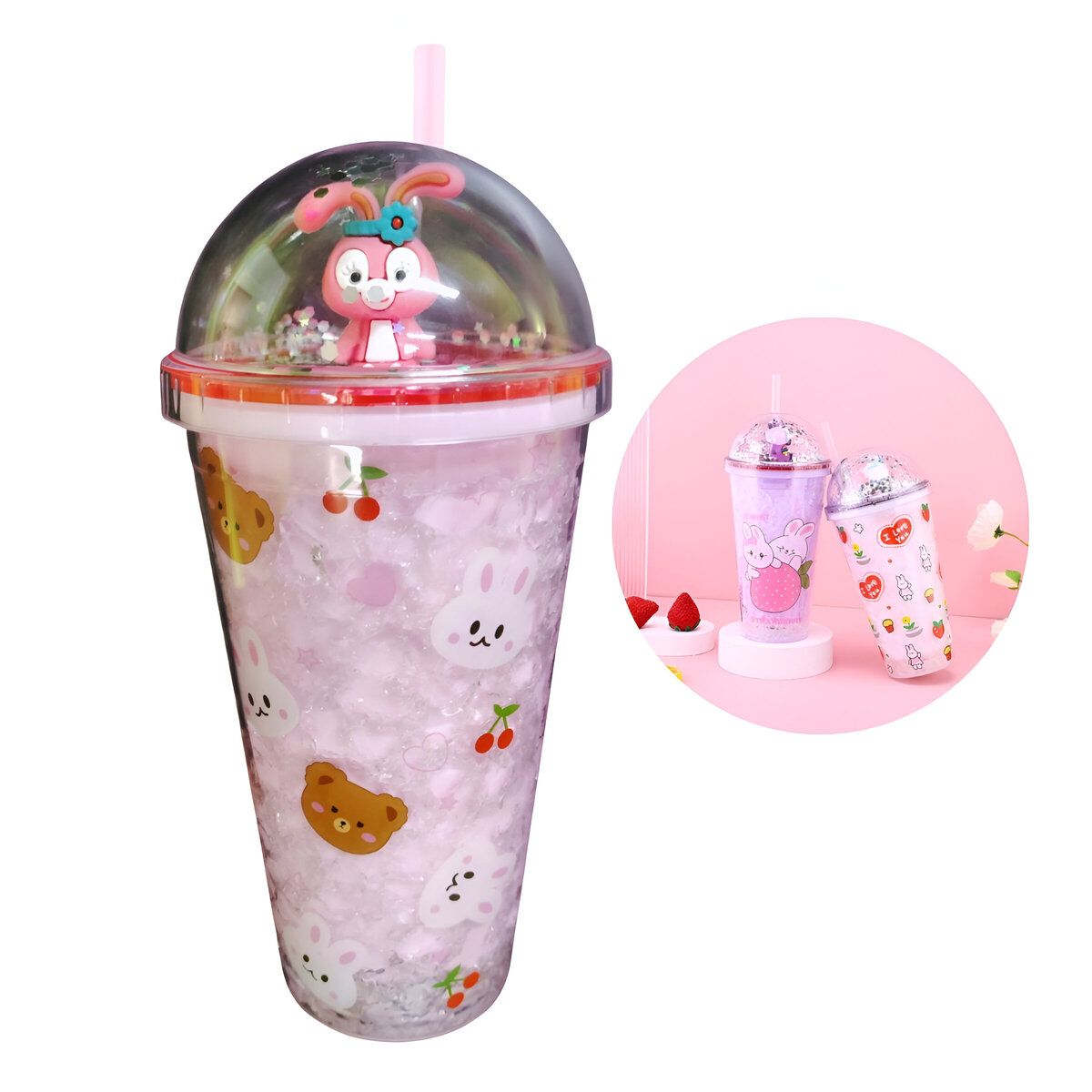 ELMEJORPRECIO - Vaso Tomatodo 450ml Con Luces Y Diseño De Conejo Rosado