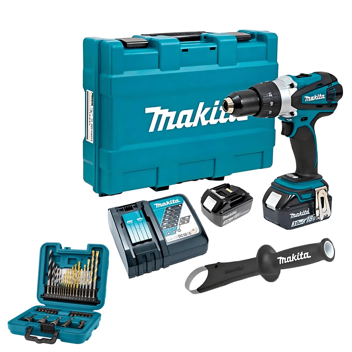 MAKITA - Makita Taladro Percutor 1/2" 18v 91 Nm LXT DHP458RFE + set de 34 pz