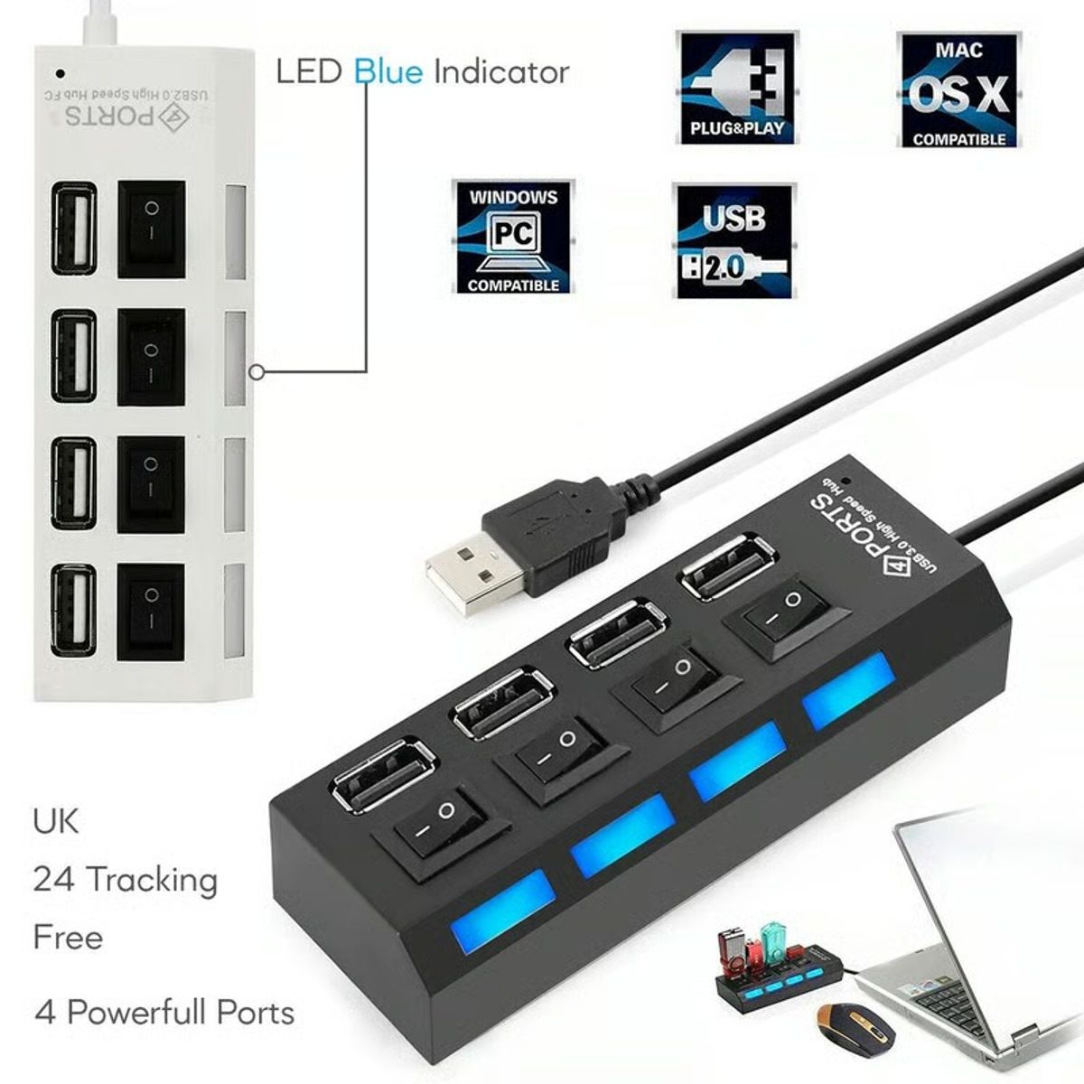 OEM - HUB MultipuertoUSB con 4 Puertos Con Interruptor Independiente 480Mbps