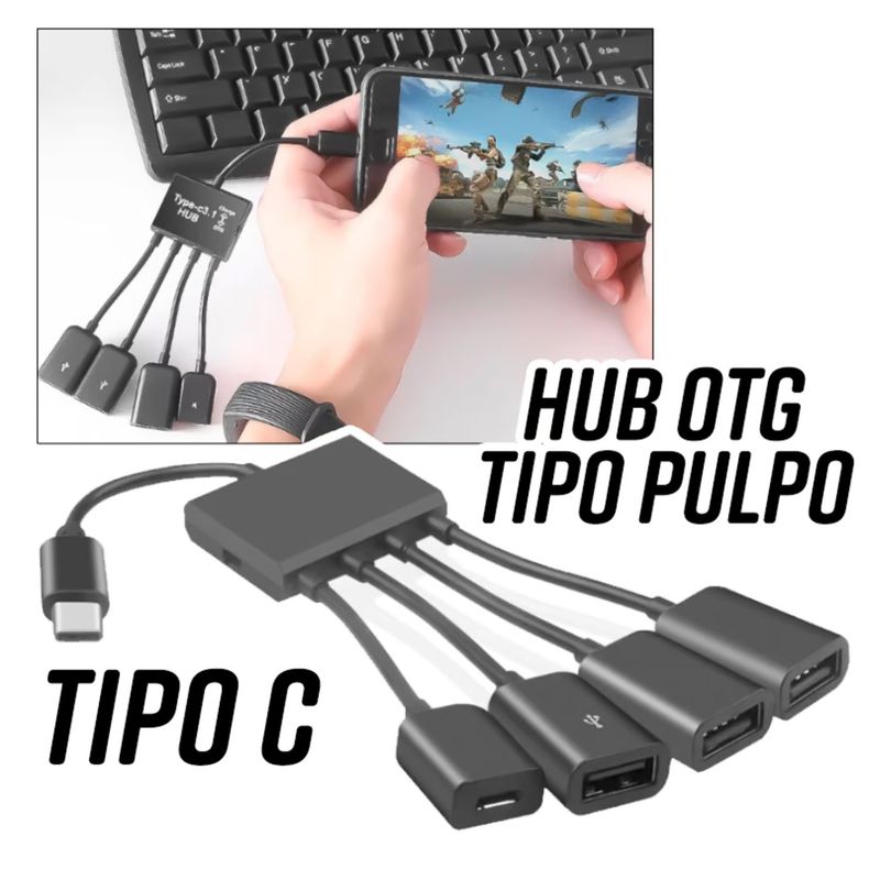 GENERICO - Adaptador OTG Pulpo Tipo-C para celular Hub 3 puertos USB Carga 4 en 1