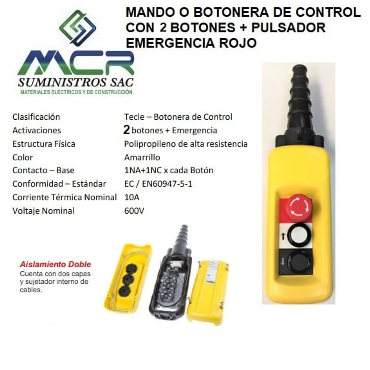 GENERICO - MANDO O BOTONERA DE CONTROL CON 2 BOTONES + PULSADOR EMERGENCIA ROJO
