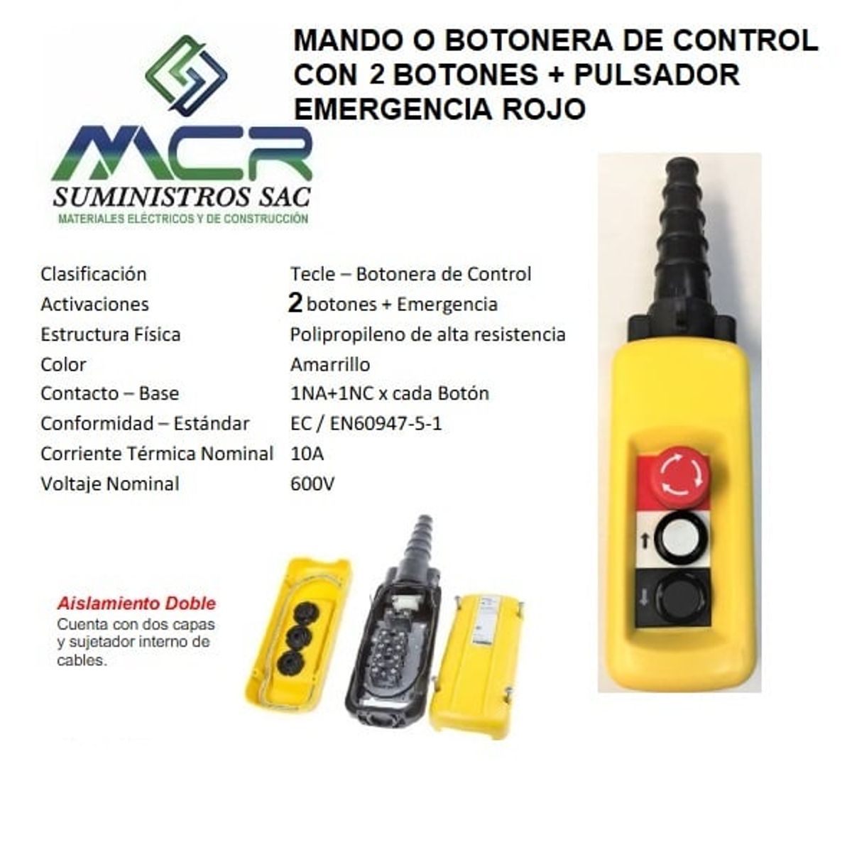 GENERICO - MANDO O BOTONERA DE CONTROL CON 2 BOTONES + PULSADOR EMERGENCIA ROJO