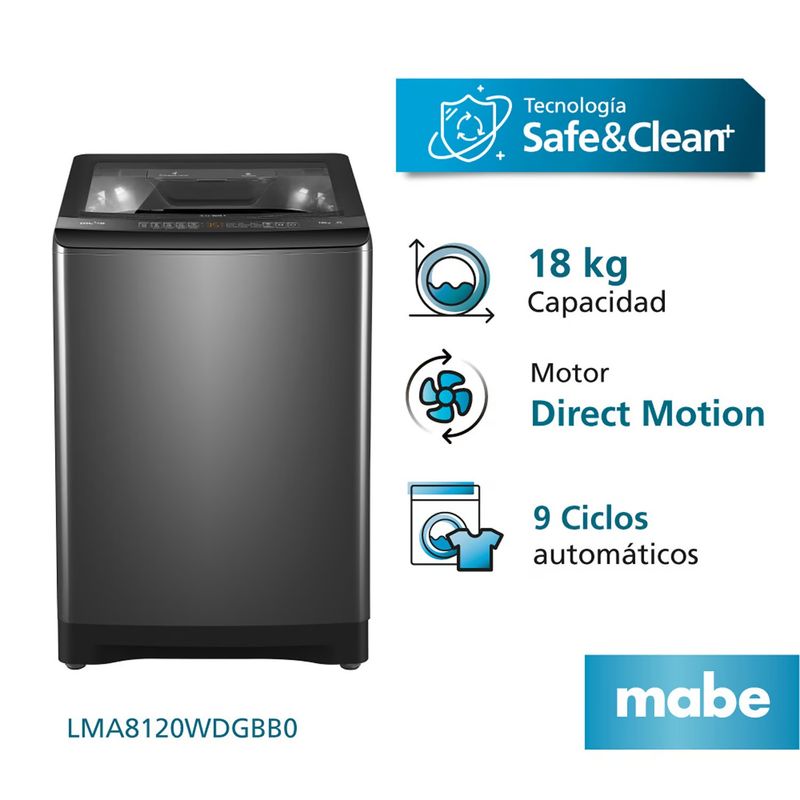 MABE - Lavadora Automática Direct Motion 18 Kg Diamond Gray Mabe - Lma8120wdgbb0