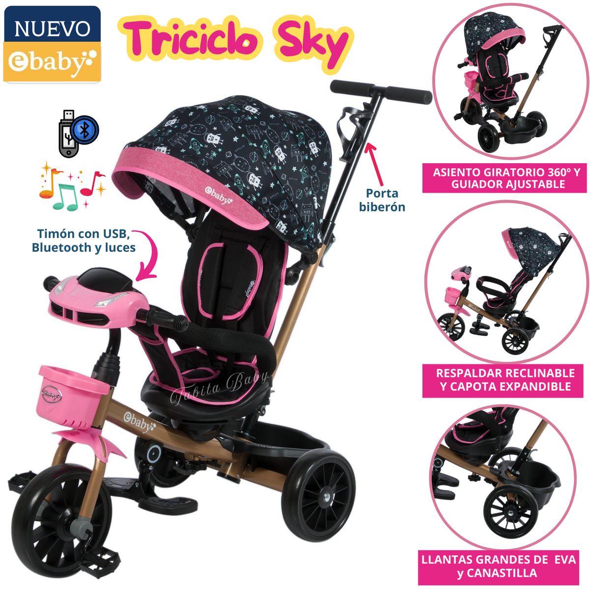 EBABY - Triciclo para niños Musical Giratorio Sky Rosado