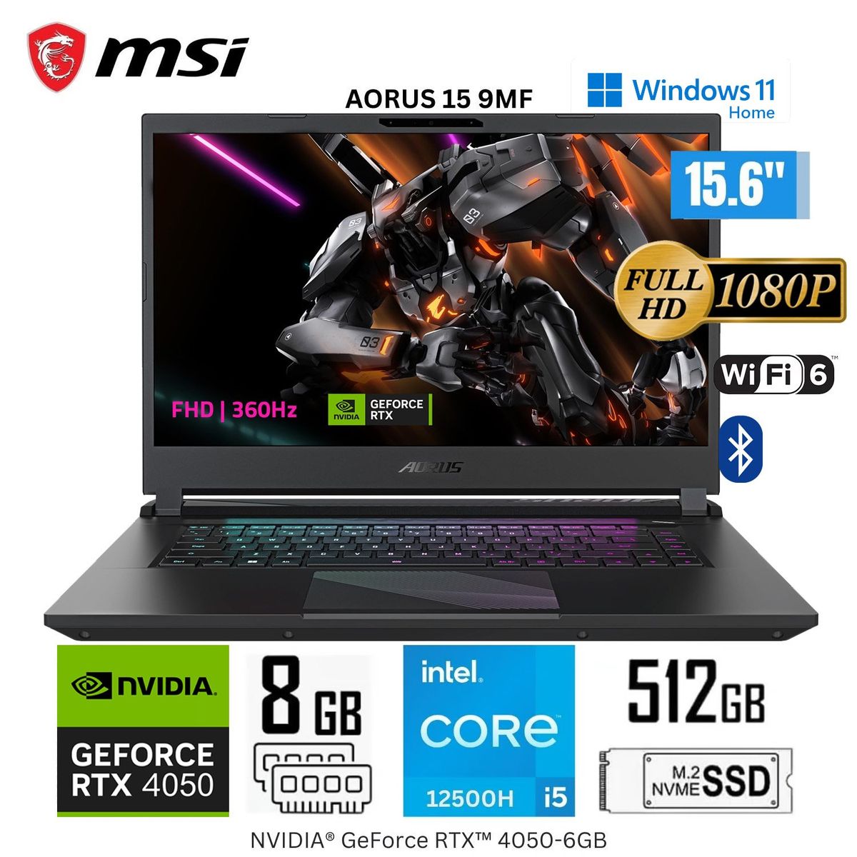 GIGABYTE - Laptop Gigabyte Aorus 15 9MF Intel Corei5-12500H 8GB RAM 512GB SSD 15.6" FHD RTX4050-6GB