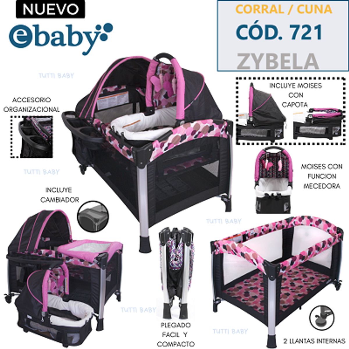 EBABY - CUNA,CORRAL , MOISES Y MECEDORA 4 EN 1 - ZYBELA - ROSADO