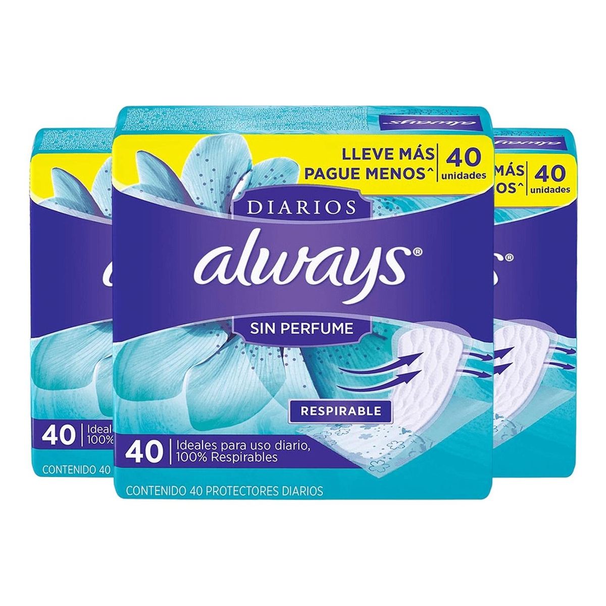 ALWAYS - Pack x3 Toallas Always Protectores Diarios Sin Perfume 40 un
