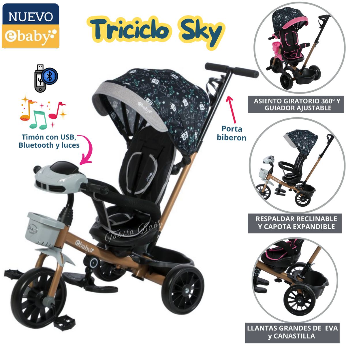 EBABY - Triciclo para niños Musical Giratorio Sky Gris