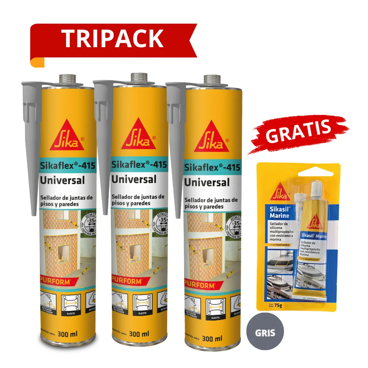 SIKA - 3 Selladores para juntas Sikaflex 415 Gris + Gratis Sikasil Marine