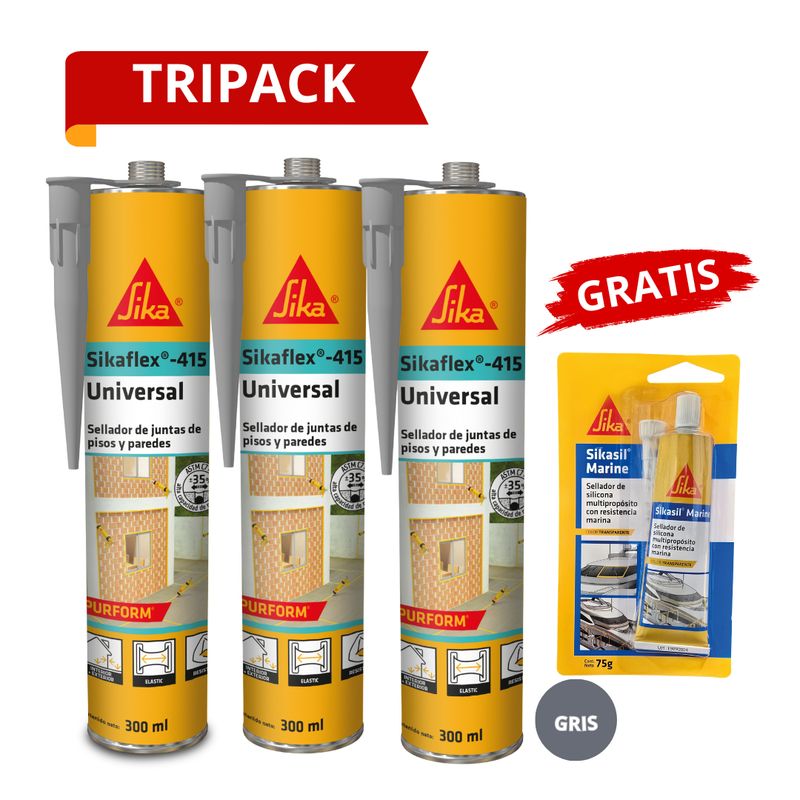 SIKA - 3 Selladores para juntas Sikaflex 415 Gris + Gratis Sikasil Marine