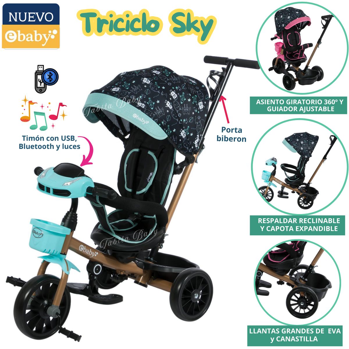 EBABY - Triciclo para niños Musical Giratorio Sky Verde