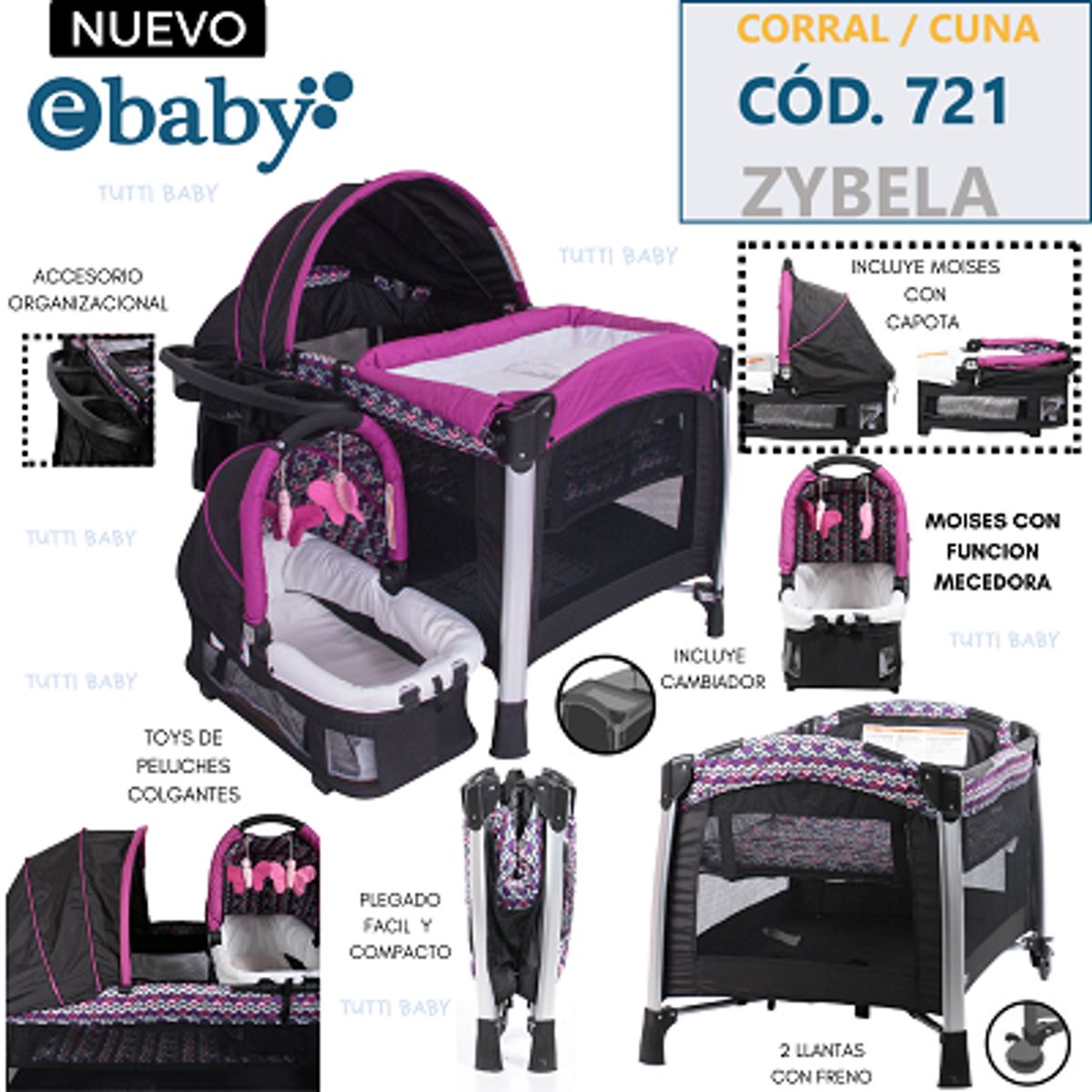 EBABY - CUNA,CORRAL , MOISES Y MECEDORA 4 EN 1 - ZYBELA - MORADO