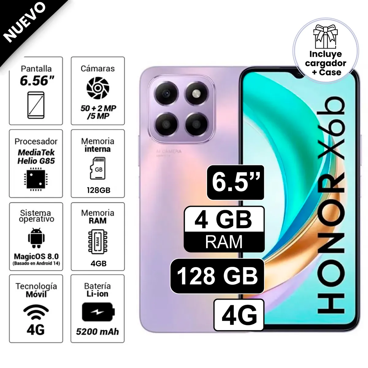 HONOR - Celular Libre Honor X6B 6.5 Pulg 128GB 4GB RAM Lila