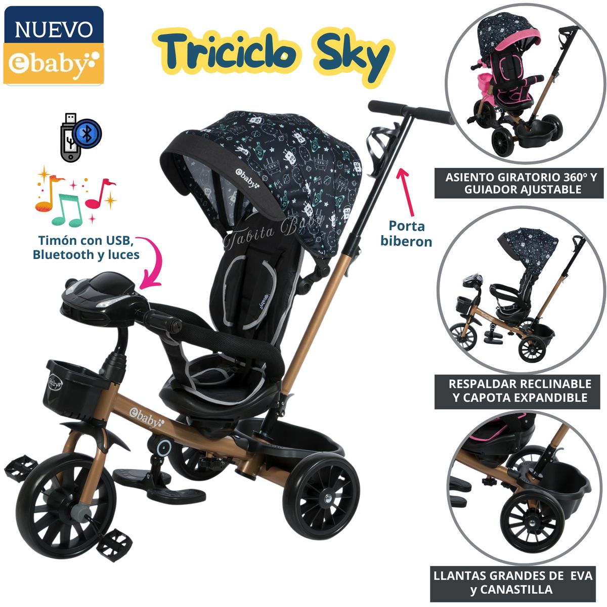 EBABY - Triciclo para niños Musical Giratorio Sky Negro