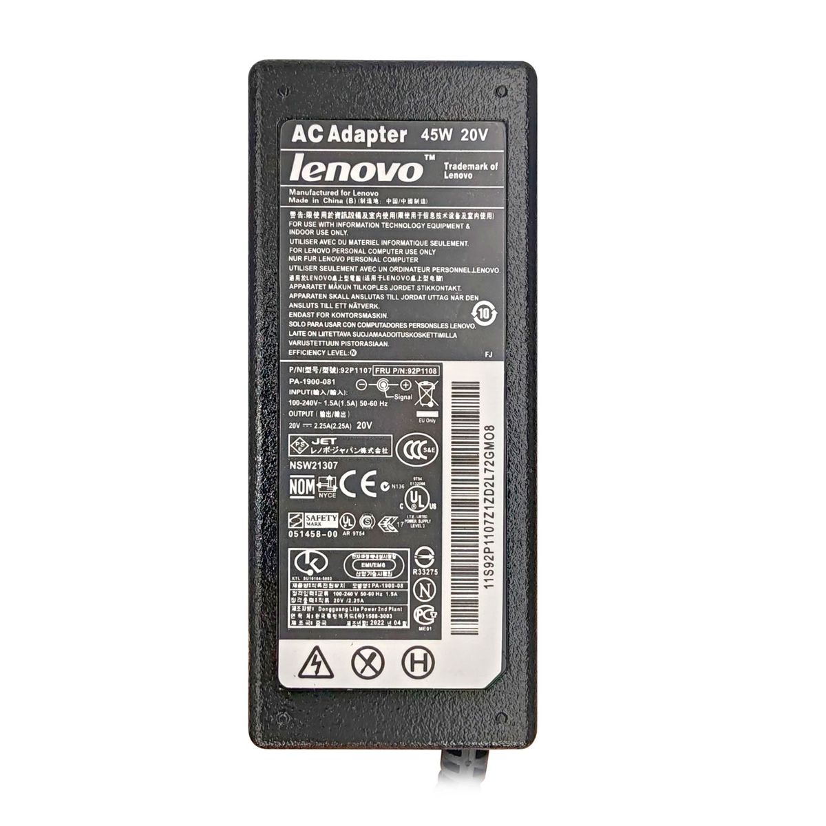 LENOVO - CARGADOR LENOVO 45W 20V PUNTA NEGRA PEQUEÑA 40 X 17MM PN 92P1107