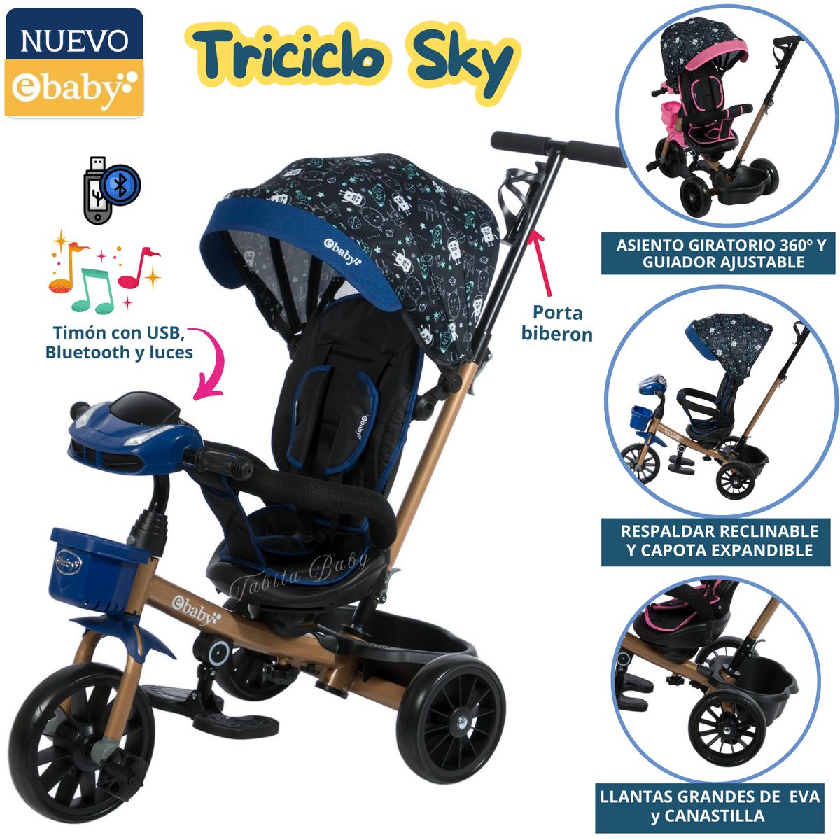 EBABY - Triciclo musical con asiento giratorio Sky Azul