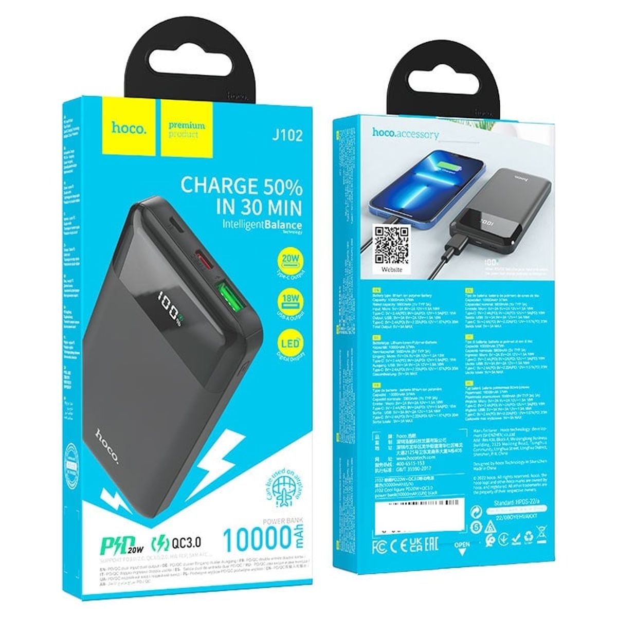 HOCO - Cargador Portatil PowerBank Hoco J102 10000 mAh - CARGA RAPIDA - para Android y iPhone