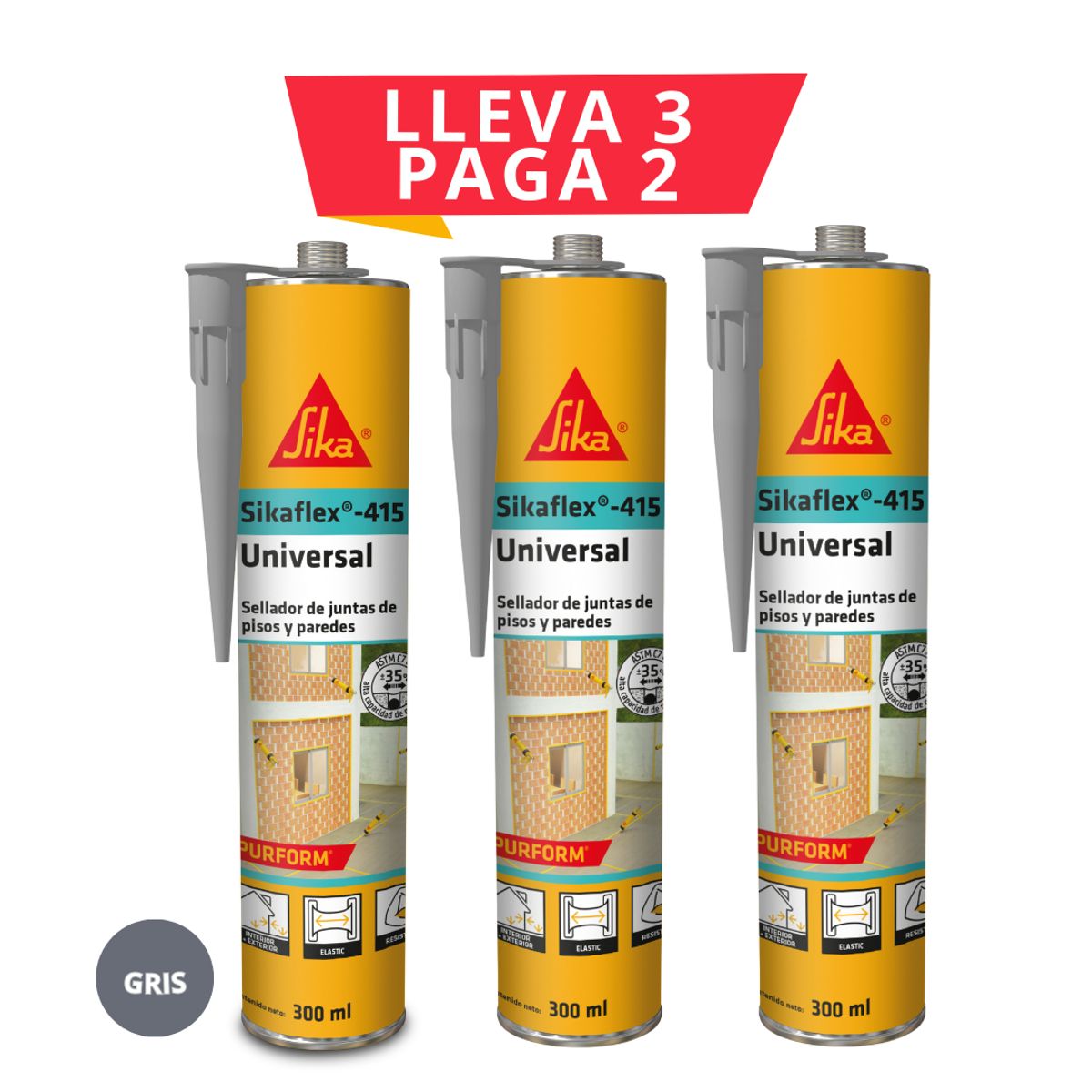SIKA - 3x2 Selladores para juntas Sikaflex 415 Universal Purform Gris