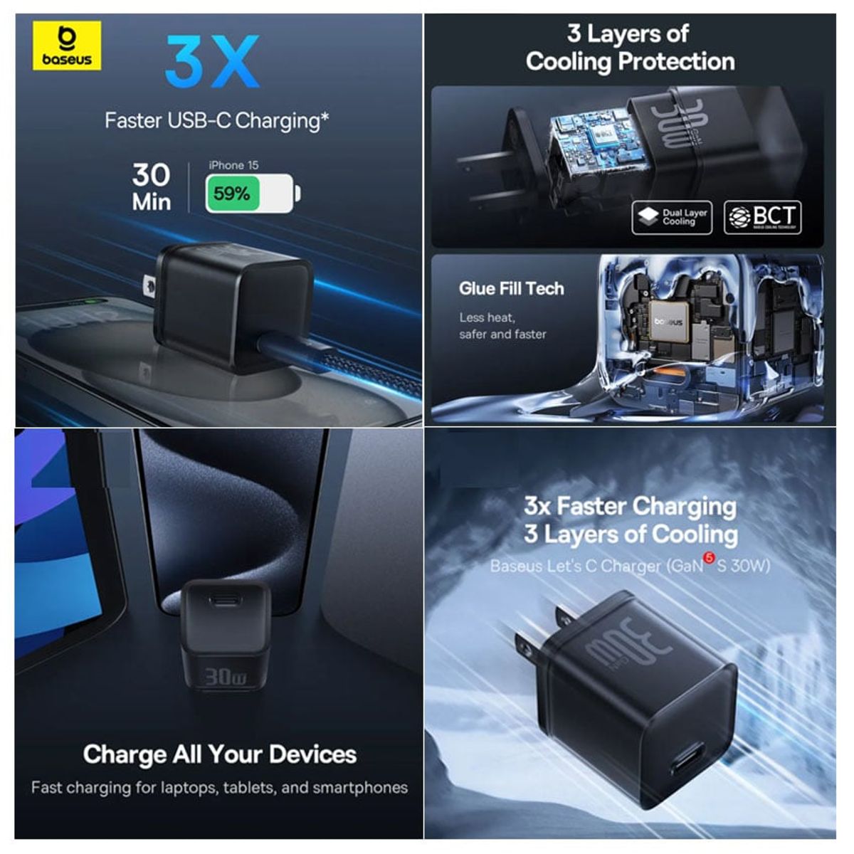 BASEUS - Cargador Baseus GaN5 S USB-C 30W Carga Rapida iPhone iPad