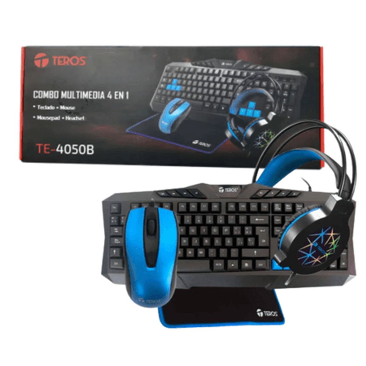 TEROS - TE-4050B MOUSE, TAPETE, TECLADO Y AURICULARES 4 EN 1