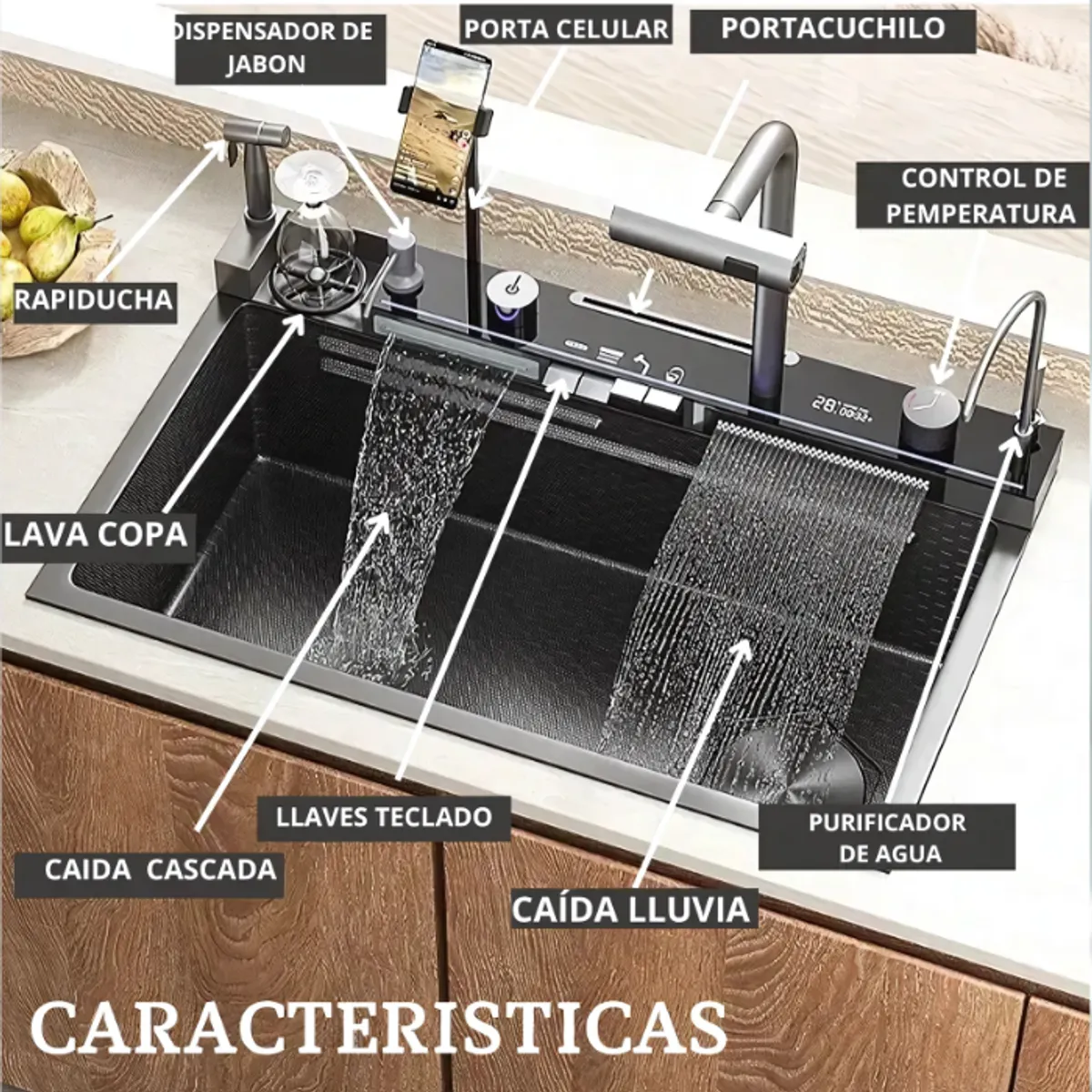 GENERICO - LAVADERO MULTIFUNCIONAL 5 TECLAS PREMIUM NEGRO SP7546