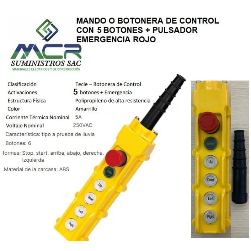 GENERICO - MANDO O BOTONERA DE CONTROL CON 5 BOTONES + PULSADOR EMERGENCIA ROJO