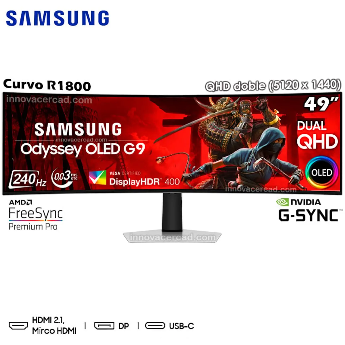 SAMSUNG - Monitor curvo gaming SAMSUNG Odyssey OLED G9, 49" QHD, 240 Hz, 0.3ms