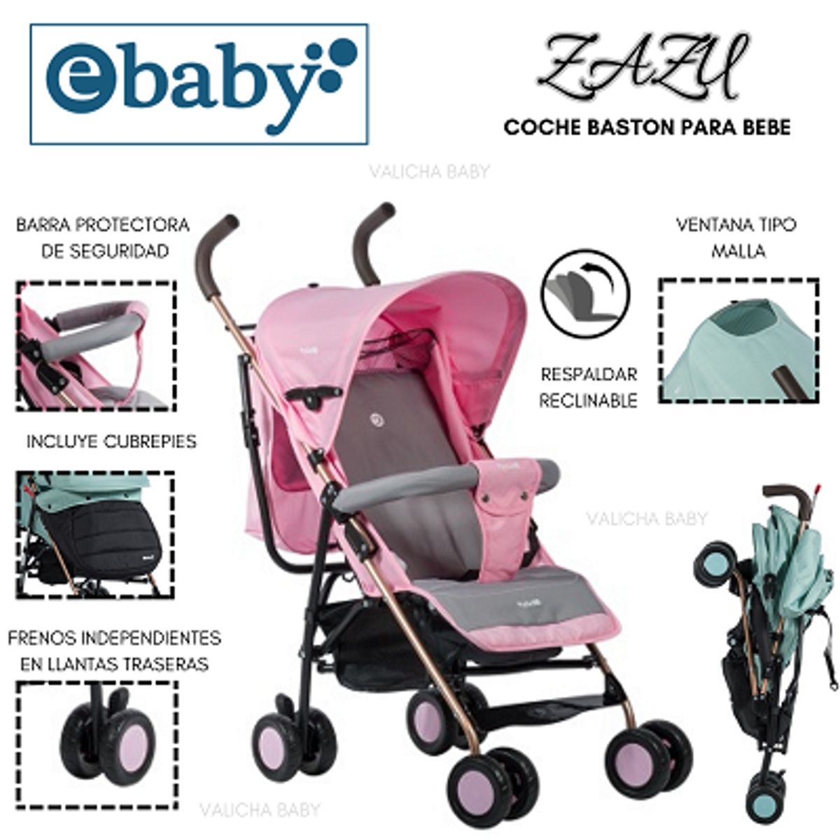 EBABY - COCHE DE PASEO BASTÓN ZAZU 217 ROSADO